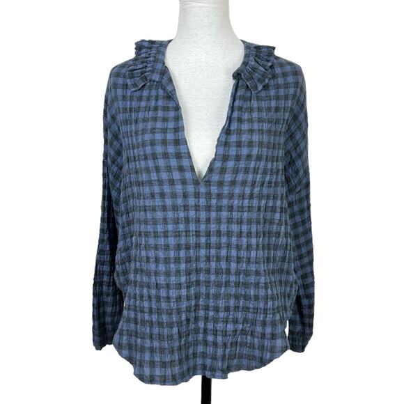 A Shirt Thing Penelope M/L Blue Black Gingham Ruffle V-Neck Woven Gauze Top